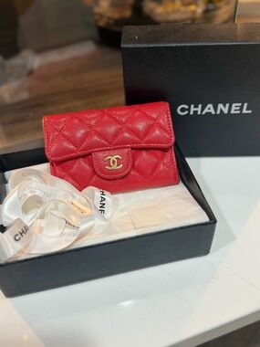 CHANEL Caviar Red Quilted Mini Wallet with Gold CC Charm